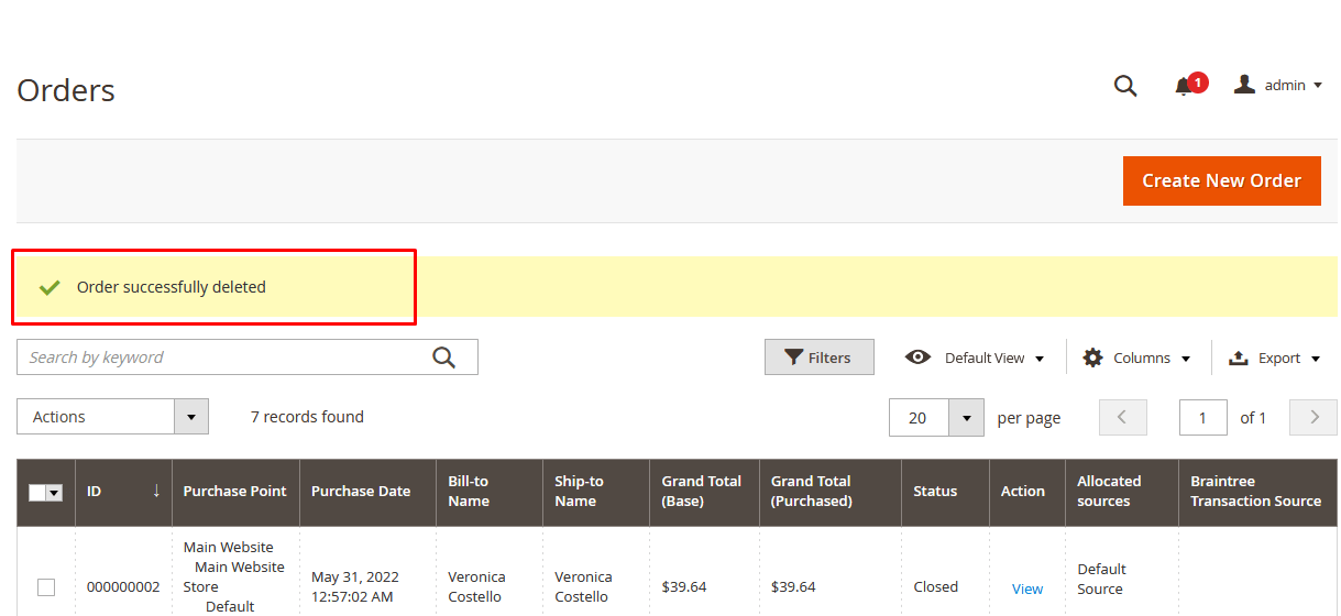 Delete Order Success Message Delete Order Success Message