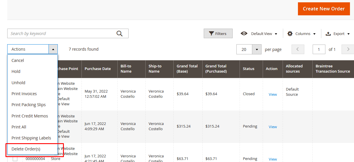 Delete Order Option Delete Order Option