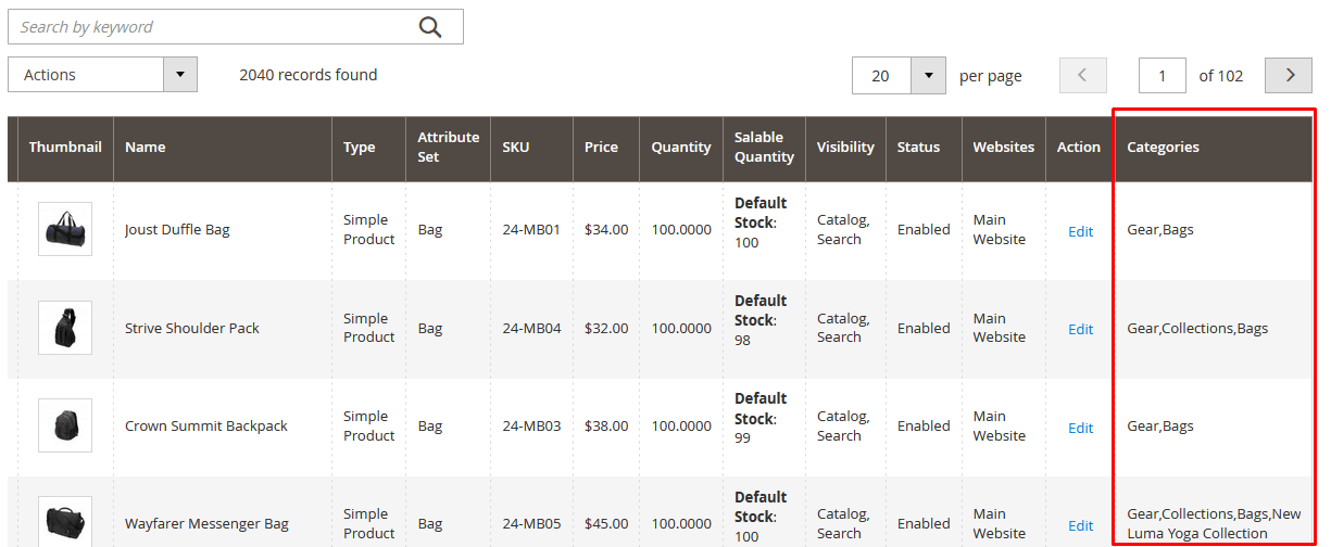 Show Categories Column