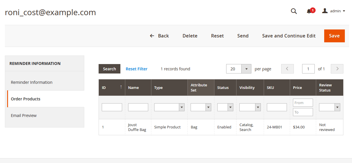 Order Products Tab