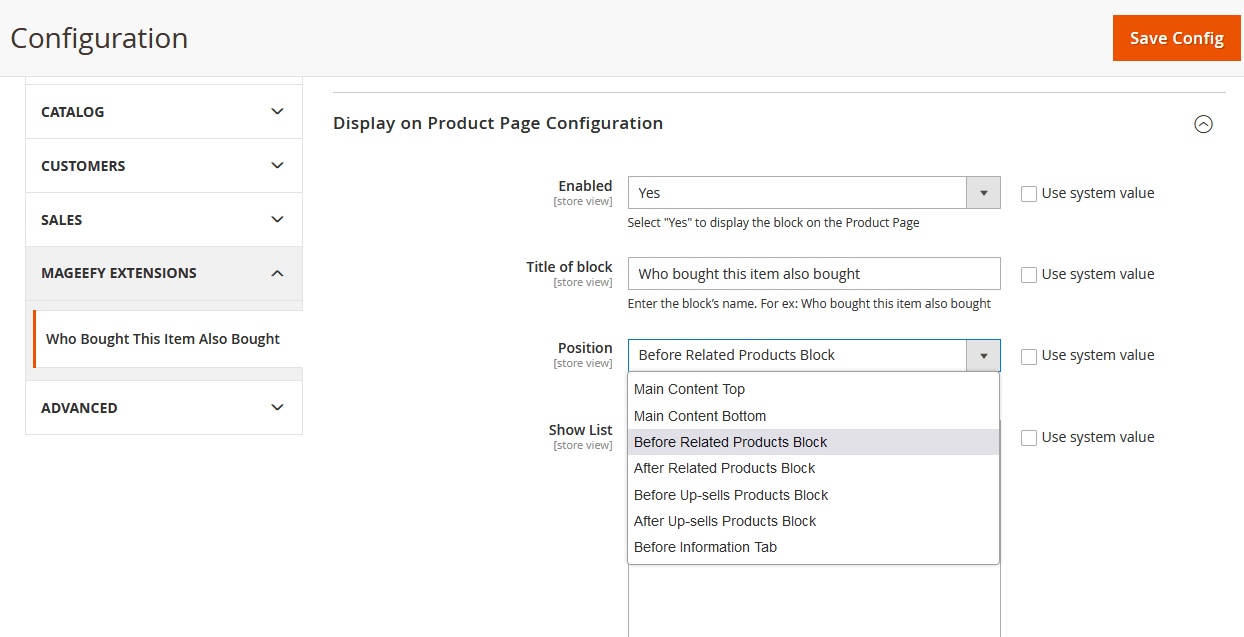 Product Page Position Options