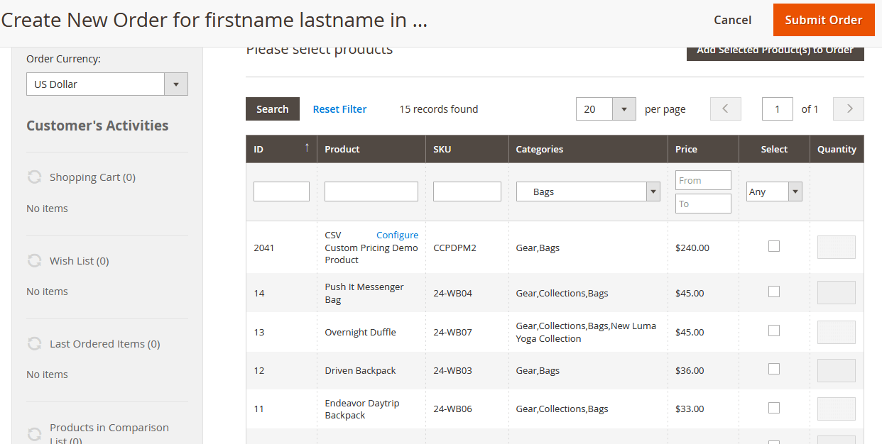 Product Category Filter Column