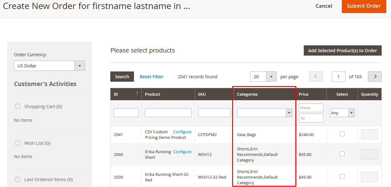 Product Category Filter Column